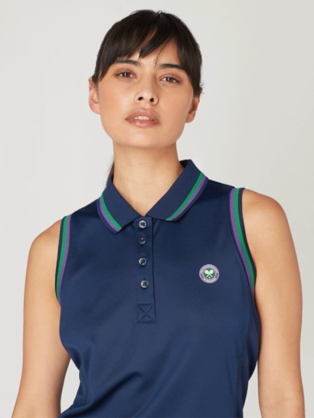 Wimbledon Navy Polo Tank with Green and Purple Stripe Trim